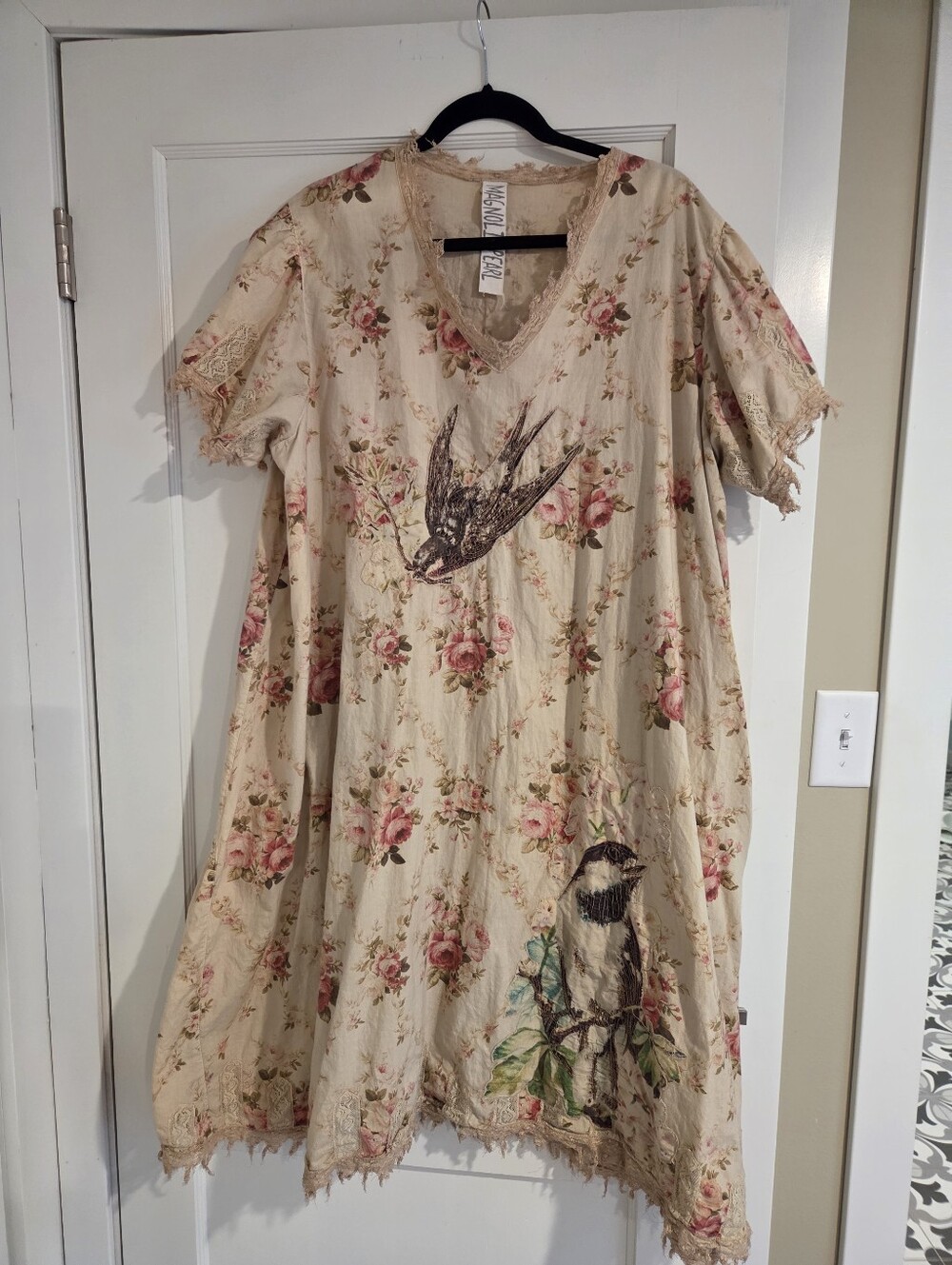 Magnolia Pearl Floral Bird-Print Cream Ladies Dress with Lace Trim